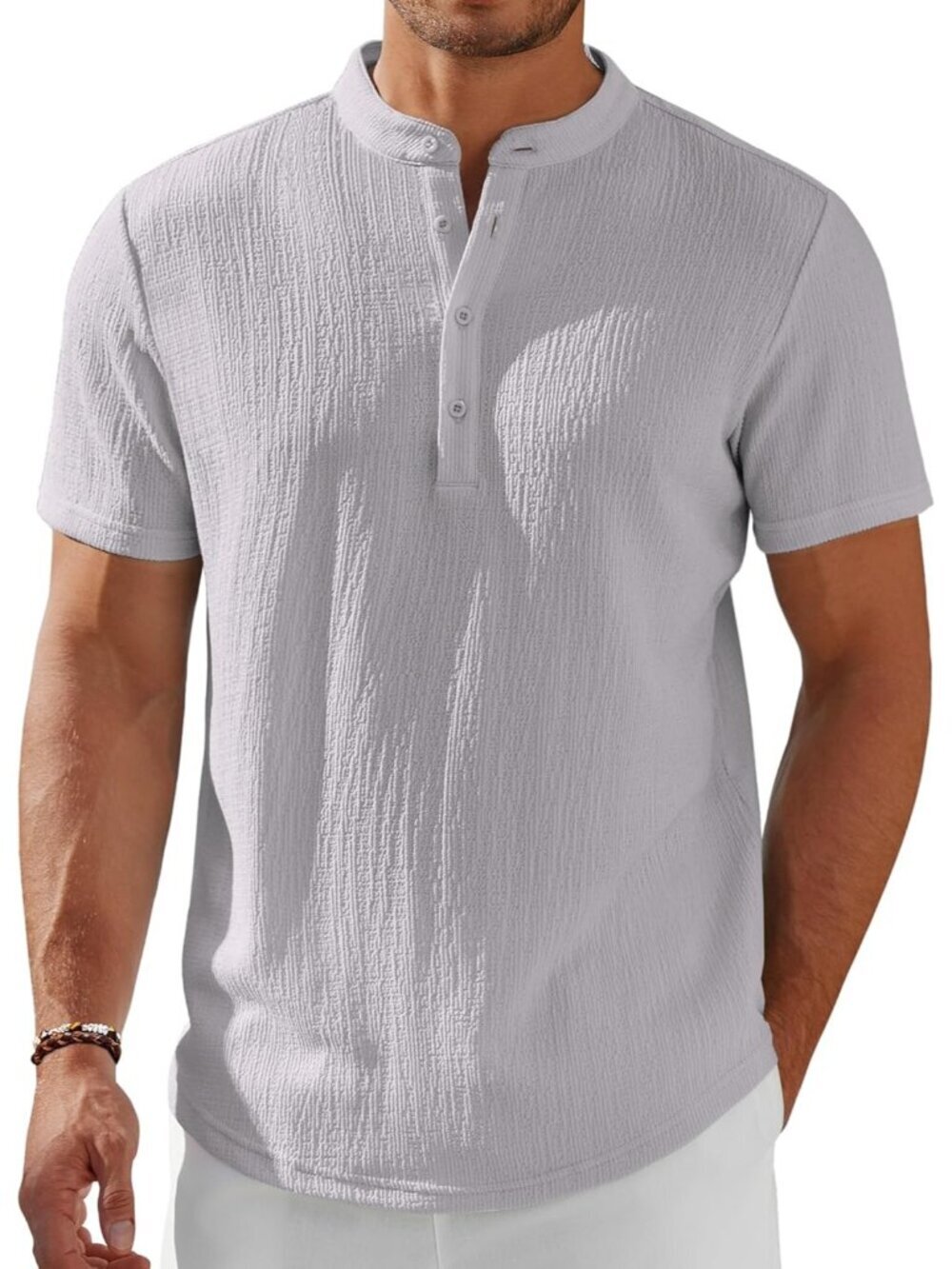Men's Light Grey Henley Short Sleeve Stand Collar Summer Casual Hippie Shirts